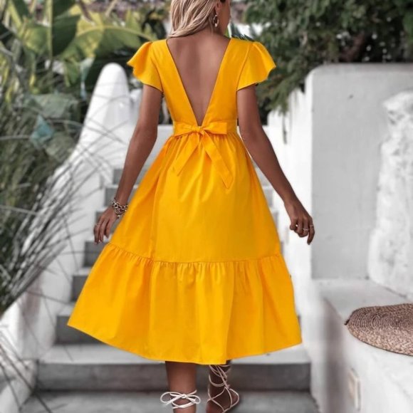 Butterfly Sleeve Ruffle Hem Dress YELLOW - Picture 3 of 6